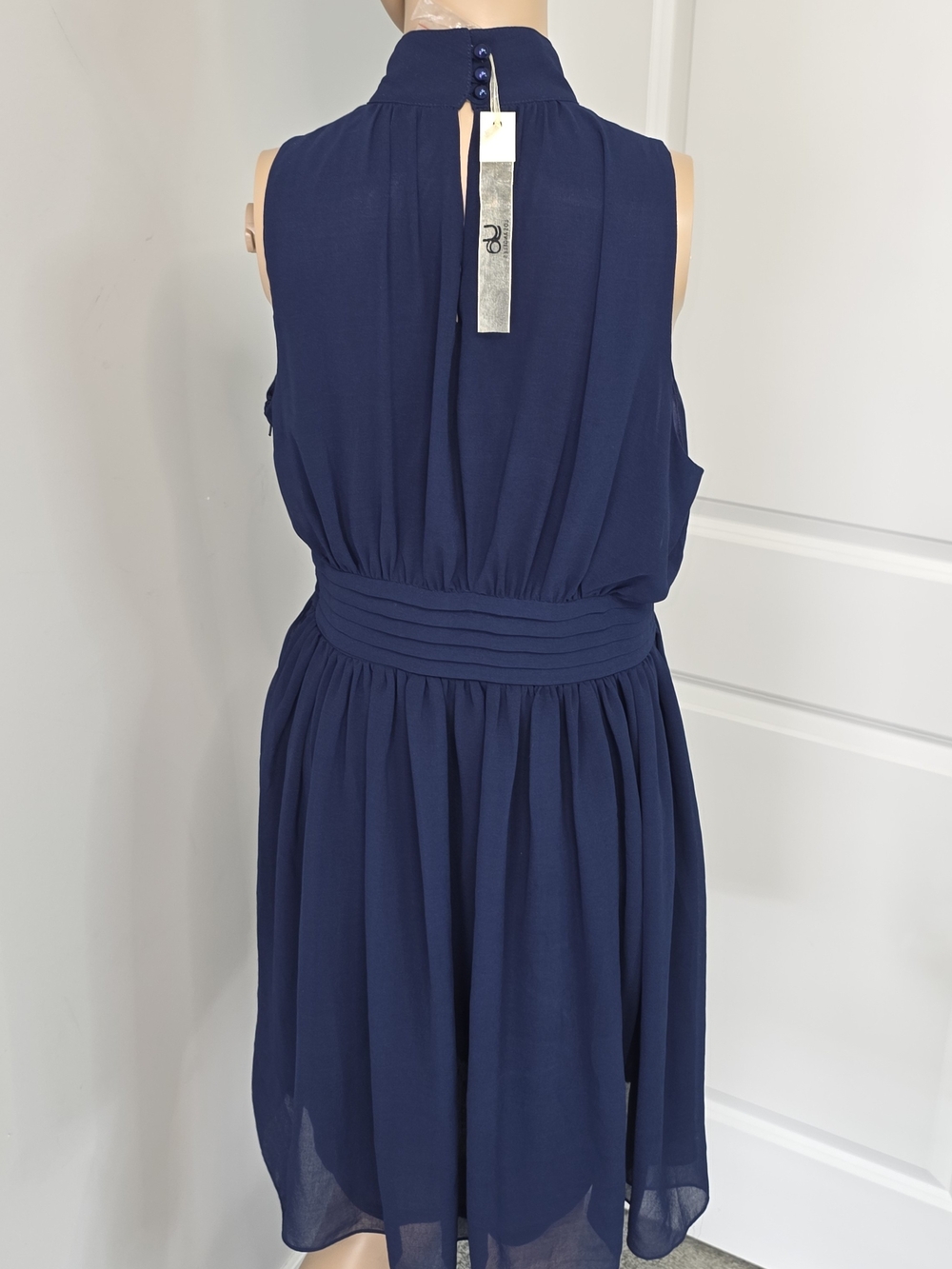 Ya Los Angeles Windy City Navy Halter Midi Dress Sz L Side Zip Lined Chiffon - Picture 10 of 16